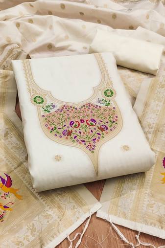 White soft banarasi silk pure zari woven design dress material