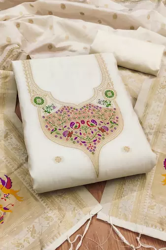 White soft banarasi silk pure zari woven design dress material