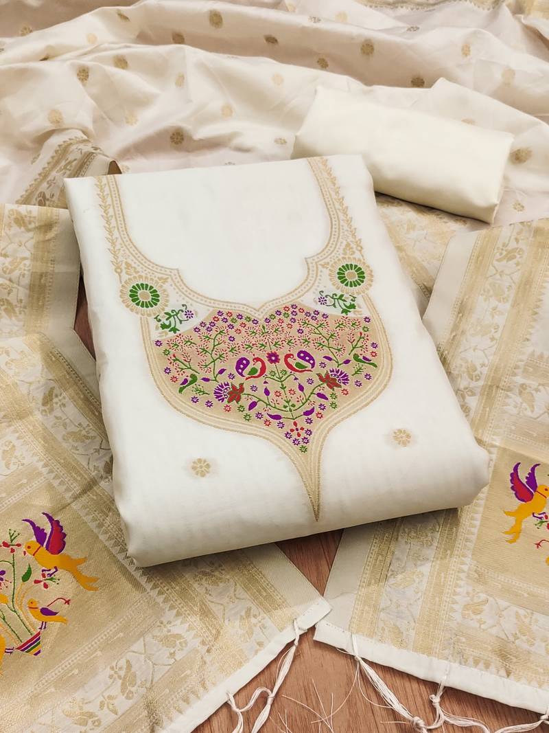 White soft banarasi silk pure zari woven design dress material