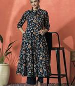 Floral printed mandarin collar panelled pure cotton a-line kurta