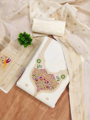 white zari woven silk blend silk dress material 2
