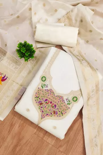 white zari woven silk blend silk dress material