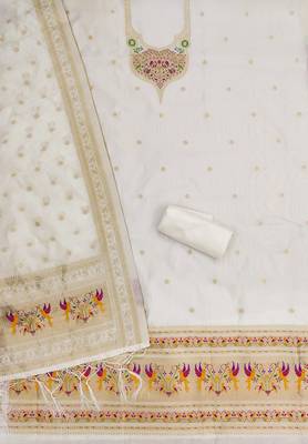 white zari woven silk blend silk dress material 3