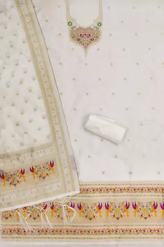 white zari woven silk blend silk dress material