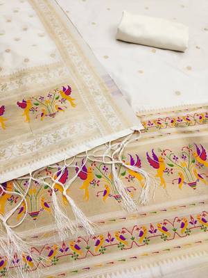 white zari woven silk blend silk dress material 4