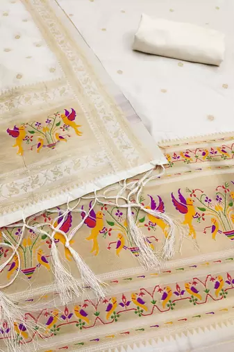 white zari woven silk blend silk dress material