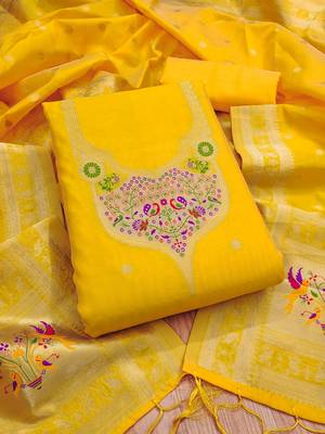 yellow zari woven silk blend silk dress material 1