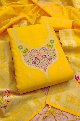 Yellow soft banarasi silk pure zari woven design dress material