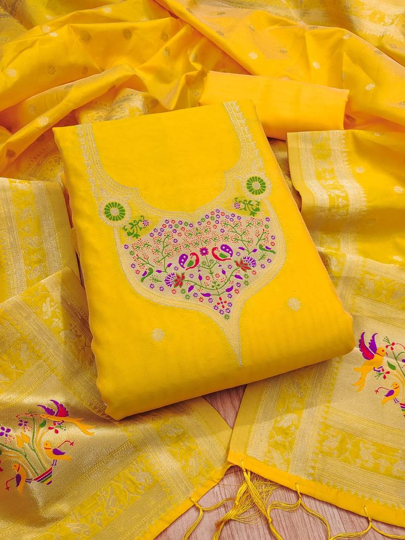 Yellow soft banarasi silk pure zari woven design dress material