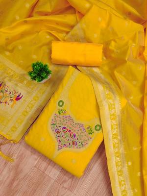 yellow zari woven silk blend silk dress material 2