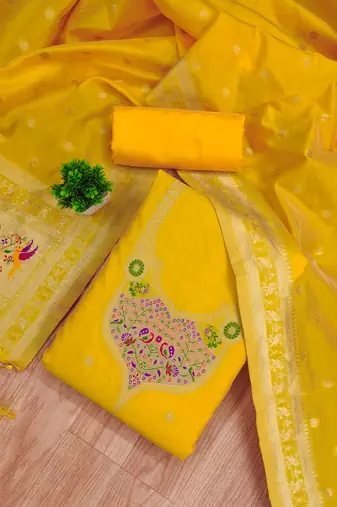yellow zari woven silk blend silk dress material