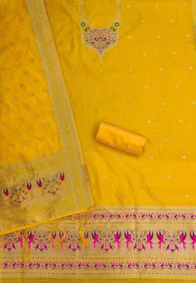 yellow zari woven silk blend silk dress material 3