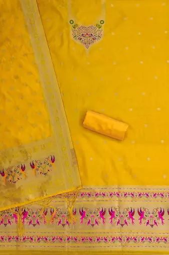 yellow zari woven silk blend silk dress material