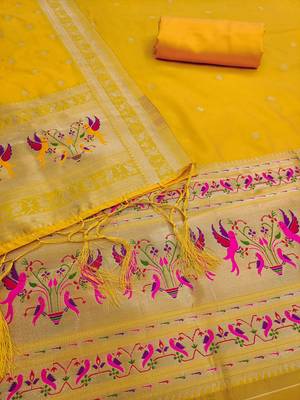 yellow zari woven silk blend silk dress material 4