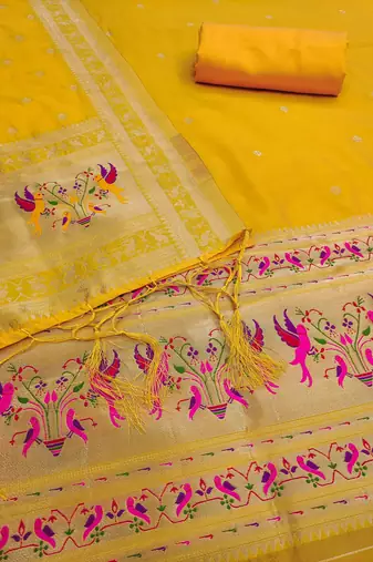 yellow zari woven silk blend silk dress material