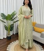 Pista green embroidered silk kurta palazzo set