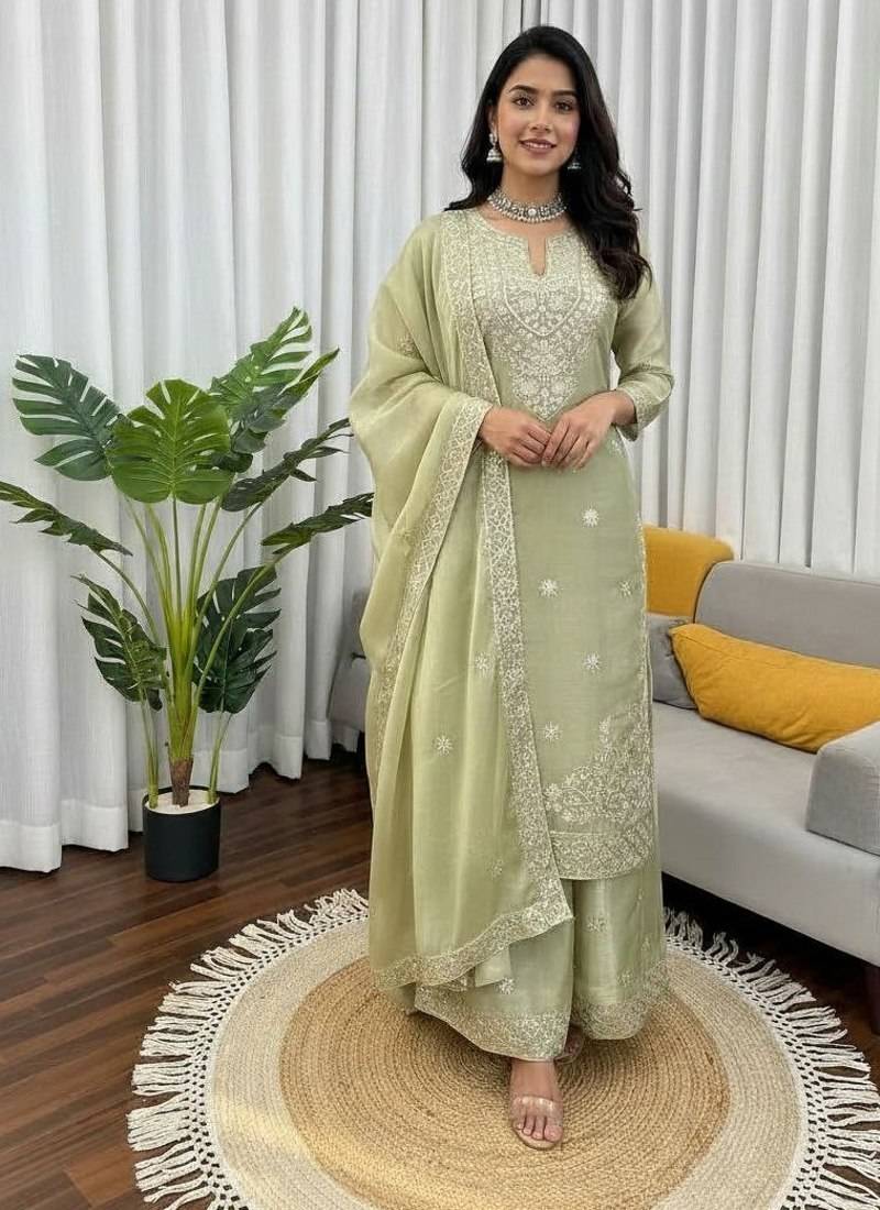 Pista green embroidered silk kurta palazzo set