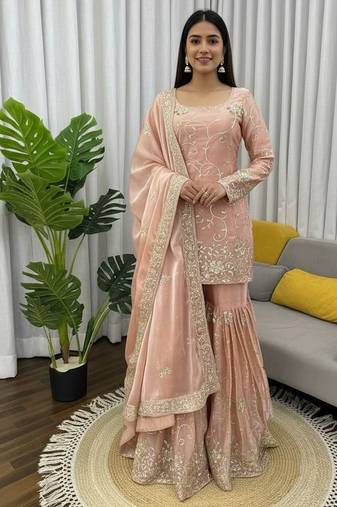 Blush pink thread & sequins work silk sharara set