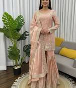 Blush pink thread & sequins work silk sharara set