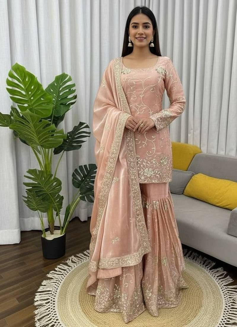Blush pink thread & sequins work silk sharara set