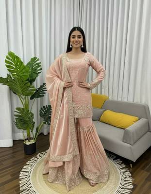 Blush pink thread & sequins work silk sharara set 2