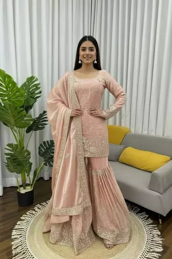 Blush pink thread & sequins work silk sharara set
