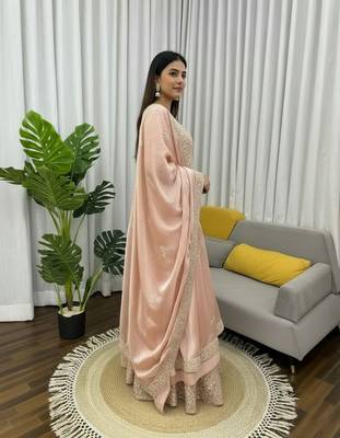 Blush pink thread & sequins work silk sharara set 3