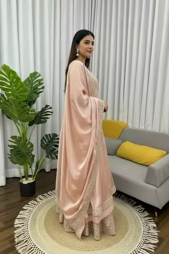 Blush pink thread & sequins work silk sharara set