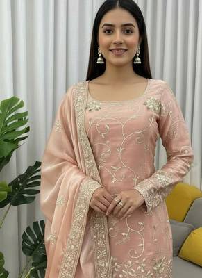 Blush pink thread & sequins work silk sharara set 4