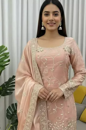 Blush pink thread & sequins work silk sharara set