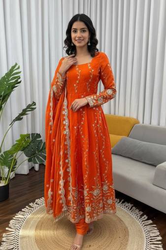 Orange embroidered fendy silk anarkali set
