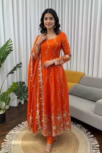 Orange embroidered fendy silk anarkali set
