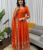 Orange embroidered fendy silk anarkali set