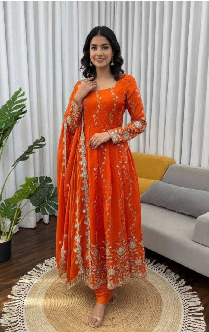 Orange embroidered fendy silk anarkali set