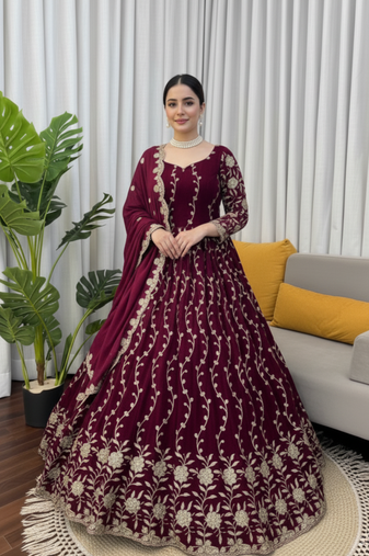 Wine embroidered fendy silk anarkali set