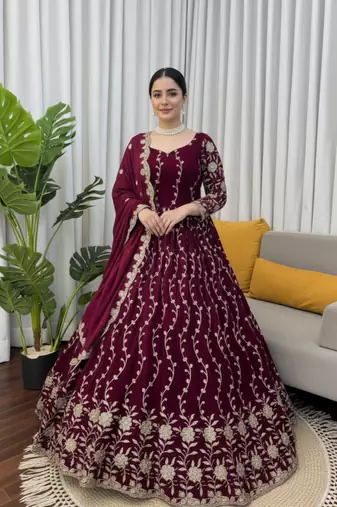 Wine embroidered fendy silk anarkali set