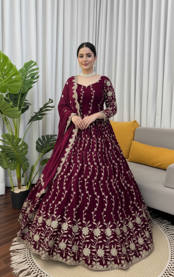 Wine embroidered fendy silk anarkali set