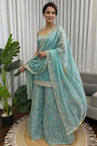 Sky blue embroidered fendy silk kurta palazzo set