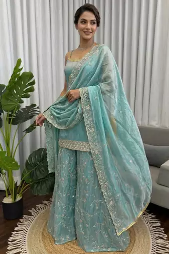 Sky blue embroidered fendy silk kurta palazzo set