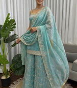 Sky blue embroidered fendy silk kurta palazzo set