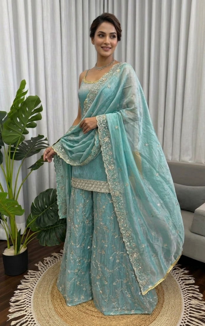 Sky blue embroidered fendy silk kurta palazzo set