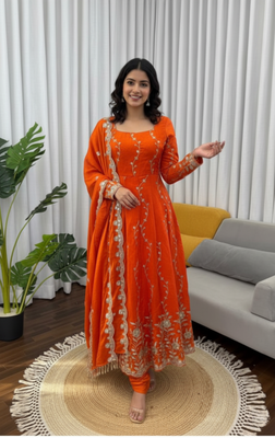 Orange embroidered fendy silk anarkali set 2