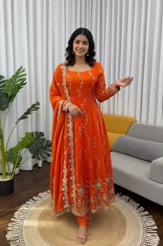 Orange embroidered fendy silk anarkali set