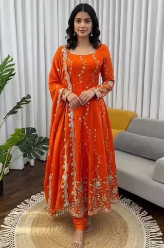 Orange embroidered fendy silk anarkali set