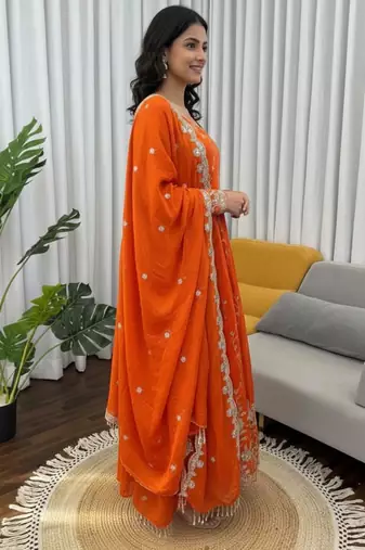 Orange embroidered fendy silk anarkali set