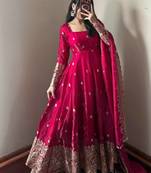 Red embroidered fendy silk anarkali set