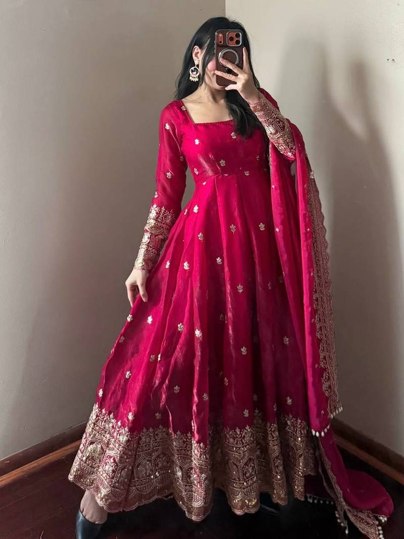 Red embroidered fendy silk anarkali set