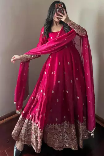 Red embroidered fendy silk anarkali set