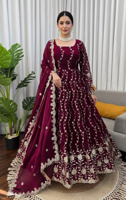 Wine embroidered fendy silk anarkali set 2
