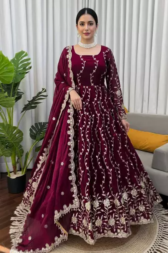 Wine embroidered fendy silk anarkali set